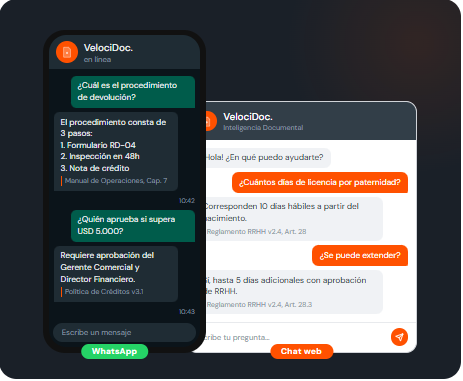 Acceso a VelociDoc desde el chat web y desde WhatsApp